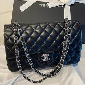 CHANEL CLASSIC FLAP MEDIUM Lambskin Black Silver Hardware 2021 With Chip
